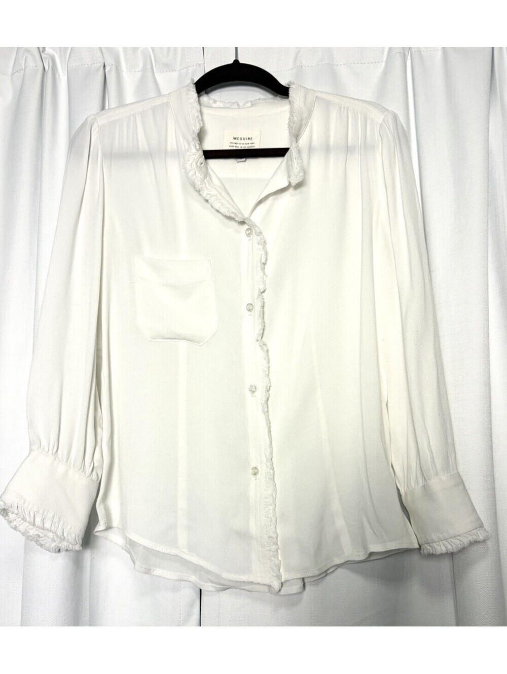 McGuire White Ruffle Fringe Hem Mockneck Button Down Blouse Size Small $178